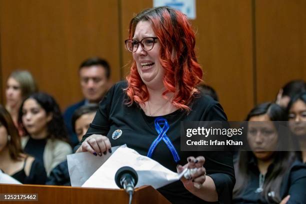 Aunt Crystal Diuguid breaks down in tears while addressing court at the sentencing of Heather Barron and Kareem Ernesto Leiva, defendants in Anthony...