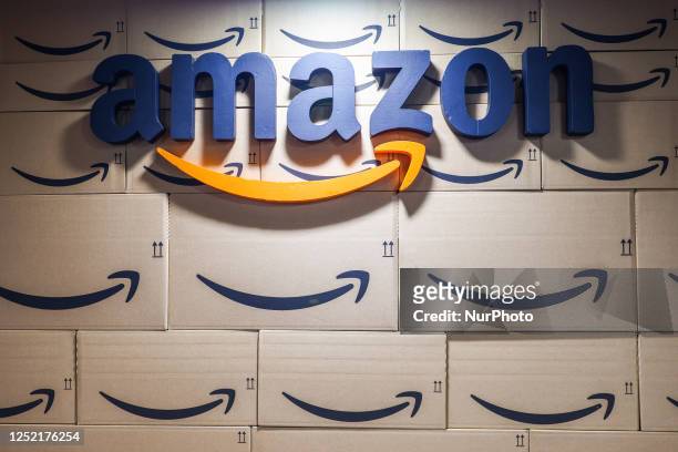 Prime packages are seen at Amazon stand during the 15th edition of the European Economic Congress at International Congress Centre in Katowice,...