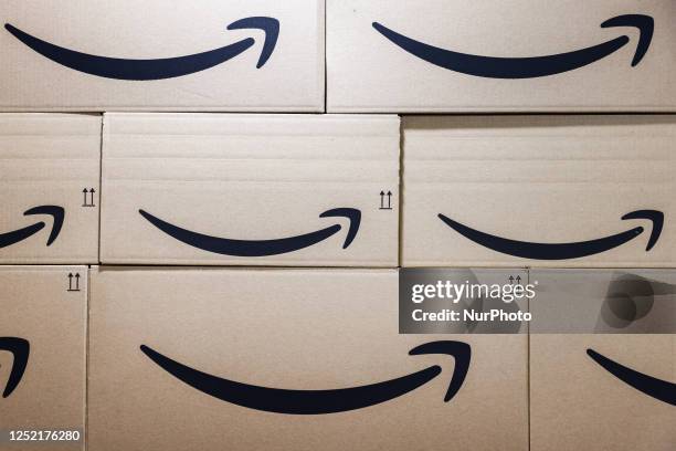 Prime packages are seen at Amazon stand during the 15th edition of the European Economic Congress at International Congress Centre in Katowice,...