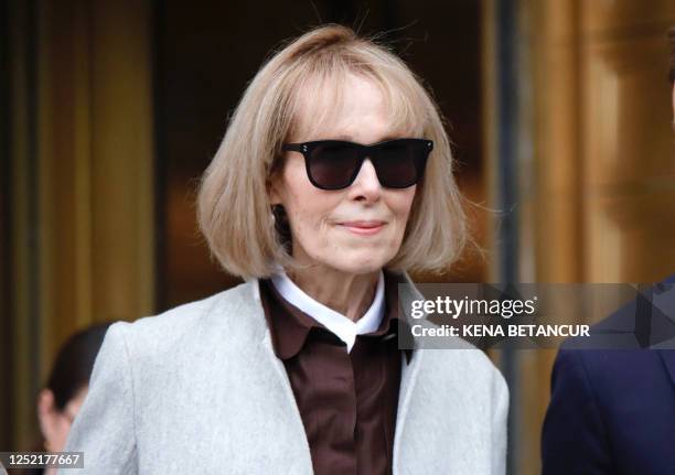 Writer E. Jean Carroll leaves as jury selection is set to begin in the defamation case against former US President Donald Trump brought by Carroll,...