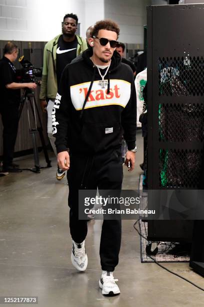 Trae Young of the Atlanta Hawks arrives to the arena before the game against the Boston Celtics during Round One Game Five of the 2023 NBA Playoffs...
