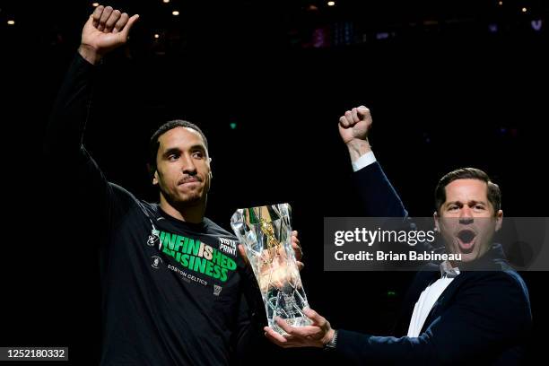 Malcolm Brogdon of the Boston Celtics is presented the KIA John Havlicek NBA Sixth Man of the Year Award before the game against the Atlanta Hawks...