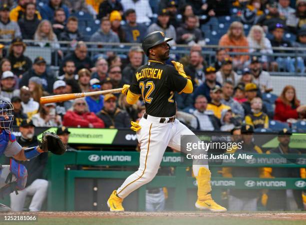 Andrew McCutchen of the Pittsburgh Pirates hits a three-run home run in the fourth inning against the Los Angeles Dodgers at PNC Park on April 25,...