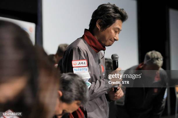 Takeshi Hakamada, CEO of Japanese firm ispace, bows after explaining that the communication of the Hakuto-R Mission 1 lander developed by ispace has...