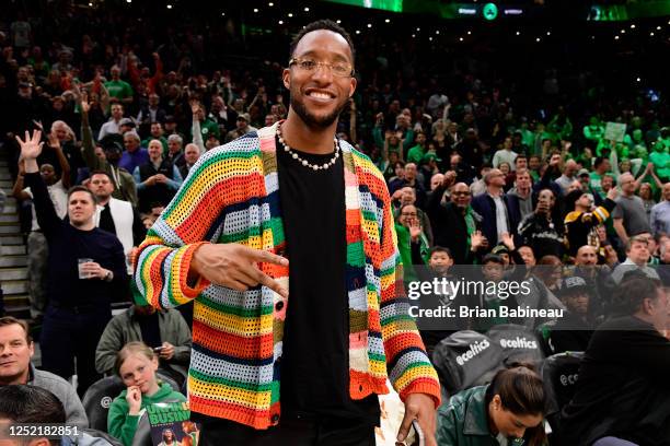 Evan Tuner sits court side during the game between the Atlanta Hawks and the Boston Celtics during Round One Game Five of the 2023 NBA Playoffs on...