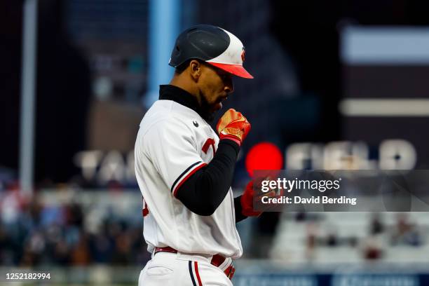 Byron Buxton of the Minnesota Twins celebrates his two-run home run as he crosses home plate against the New York Yankees in the sixth inning at...