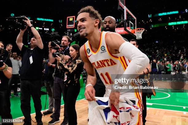 Trae Young of the Atlanta Hawks smiles after the game against the Boston Celtics during Round One Game Five of the 2023 NBA Playoffs on April 25,...