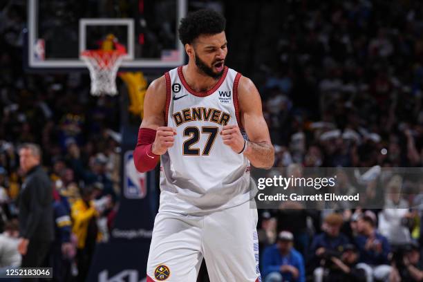 Jamal Murray of the Denver Nuggets celebrates during Round One Game Five of the 2023 NBA Playoffs against the Minnesota Timberwolves on April 25,...