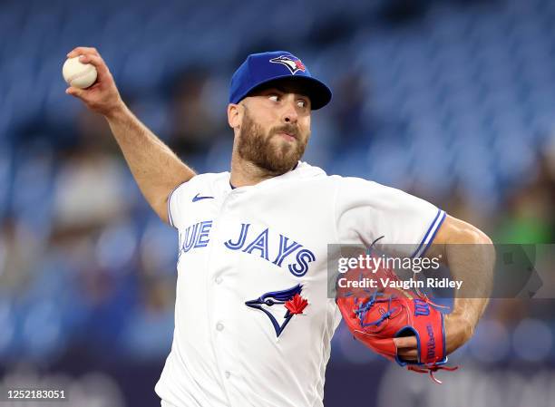 Anthony Bass of the Toronto Blue Jays delivers a pitch in the ninth inning against the Chicago White Sox at Rogers Centre on April 25, 2023 in...