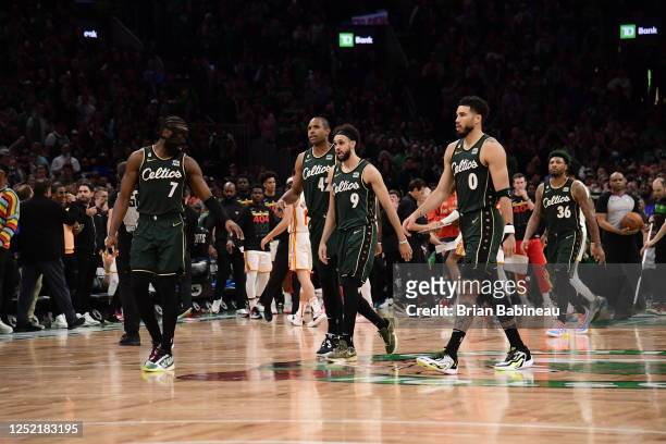 Jayson Tatum of the Boston Celtics looks on during the game against the Atlanta Hawks during Round One Game Five of the 2023 NBA Playoffs on April...