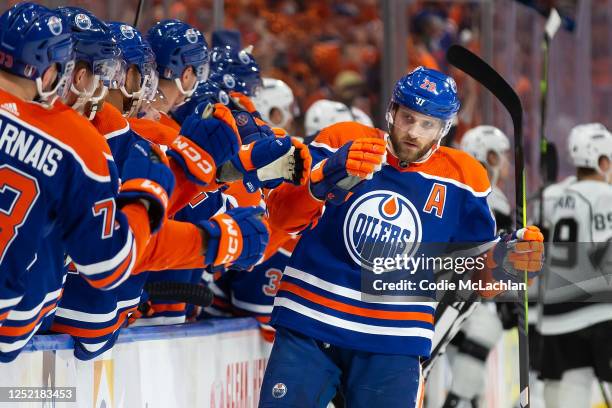 Leon Draisaitl of the Edmonton Oilers celebrates a goal against the Los Angeles Kings during the first period in Game Five of the First Round of the...