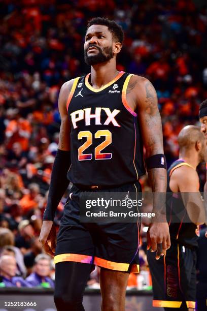 Deandre Ayton of the Phoenix Suns looks on during the game against the LA Clippers during Round 1 Game 5 of the 2023 NBA Playoffs on April 25, 2023...