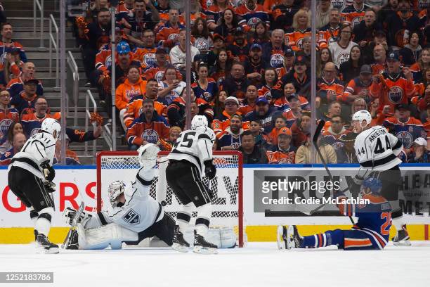 Leon Draisaitl of the Edmonton Oilers scores against goaltender Joonas Korpisalo of the Los Angeles Kings during the first period in Game Five of the...