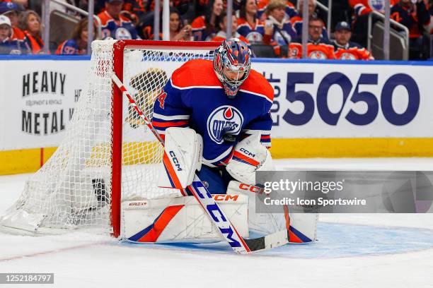 Edmonton Oilers Goalie Stuart Skinner makes a save in the second period of game two in the Western Conference First Round of the Edmonton Oilers...