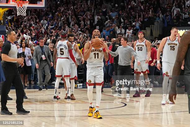 Bruce Brown of the Denver Nuggets celebrates after Round One Game Five of the 2023 NBA Playoffs against the Minnesota Timberwolves on April 25, 2023...