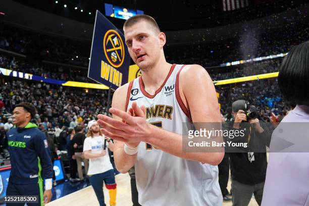 Nikola Jokic of the Denver Nuggets celebrates after Round One Game Five of the 2023 NBA Playoffs against the Minnesota Timberwolves on April 25, 2023...