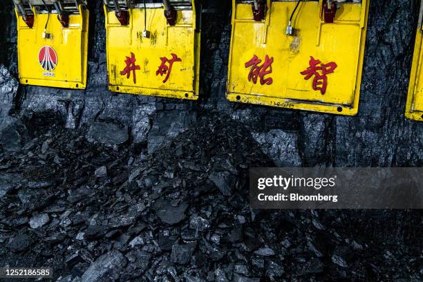 Coal along the face at Shaanxi Coal and Chemical Industry Group Co.'s Xiaobaodang coal mine in Yulin, Shaanxi province, China, on Wednesday, April...