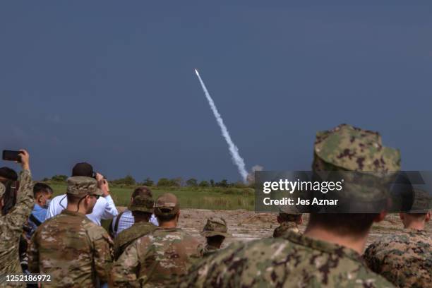 Patriot surface-to-air missile is launched by the United States Military during a live fire drill on April 26, 2023 at the Naval Education Training...