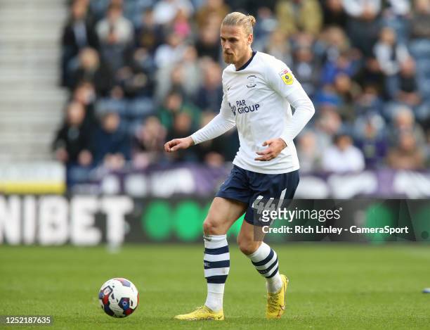 Preston North End's Brad Potts during the Sky Bet Championship between Preston North End and Blackburn Rovers at Deepdale on April 22, 2023 in...
