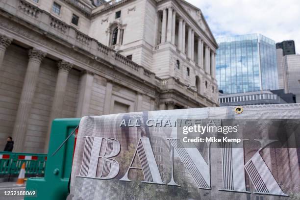 Bank of England, which is currently undergoing major renovations to the road layout and pavements in the City of London on 25th April 2023 in London,...