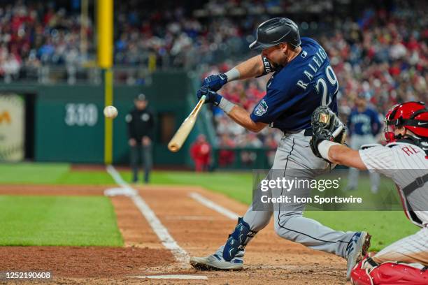 Seattle Mariners Catcher Cal Raleigh connects for a triple during the game between the Seattle Mariners and the Philadelphia Phillies on April 25,...