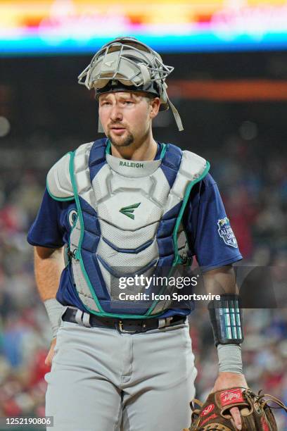 Seattle Mariners Catcher Cal Raleigh looks on during the game between the Seattle Mariners and the Philadelphia Phillies on April 25, 2023 at...