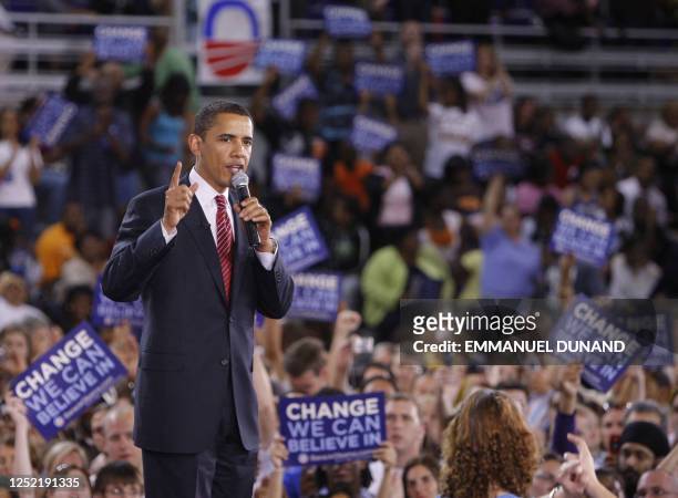 Democratic presidential candidates US Senator Barack Obama addresses a rally at East Carolina University in Greenville, North Carolina, April 17,...