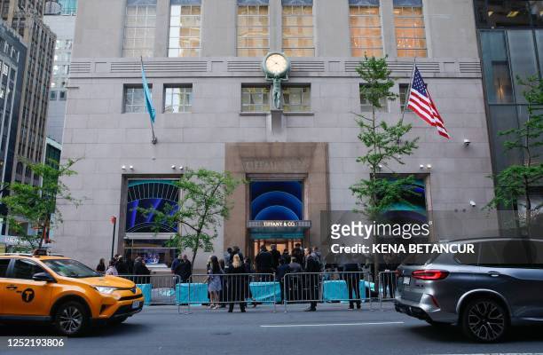 Outside view of the Tiffany & Co ribbon-cutting ceremony for Tiffany's flagship store in New York, April 26, 2023.