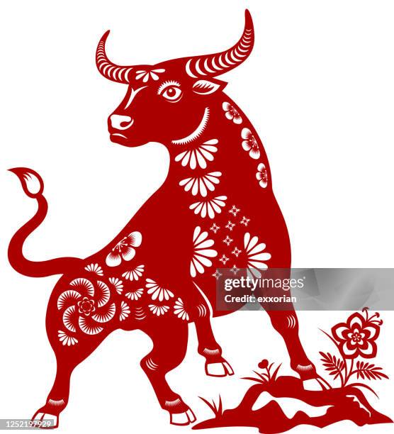 year of the ox papercut - chinese zodiac animals stock illustrations