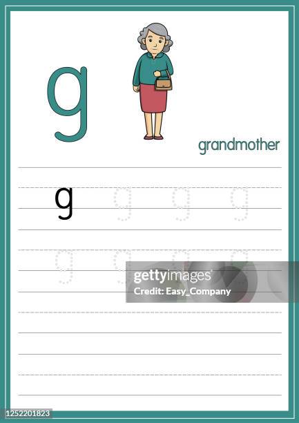 vector illustration of grandmother isolated on a white background. with the lower case letter g for use as a teaching and learning media for children to recognize english letters or for children to learn to write letters used to learn at home and school. - grandmother portrait stock illustrations