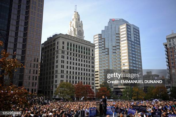 Democratic presidential candidate Illinois Senator Barack Obama speaks during a rally at Ohio State House in Columbus, Ohio, on November 02, 2008....