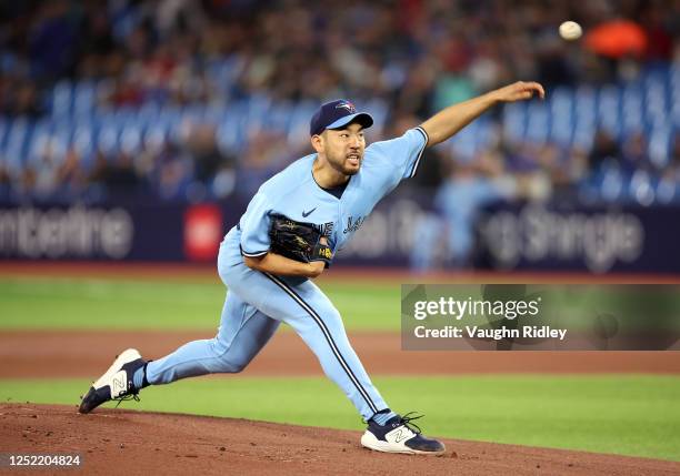 Yusei Kikuchi of the Toronto Blue Jays pitches in the first inning against the Chicago White Sox at Rogers Centre on April 26, 2023 in Toronto,...