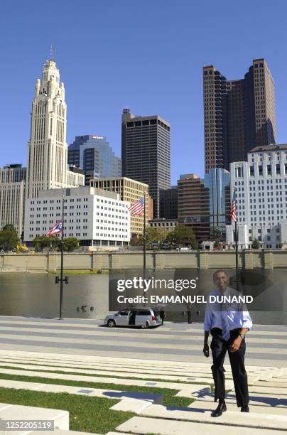 Democratic presidential candidate Illinois Senator Barack Obama walks on the Scioto river while arriving at a rally at Genoa Park Amphitheatre in...