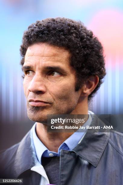Former goalkeeper David James working for BT Sport Television as a pundit during the Premier League match between Manchester City and Arsenal FC at...