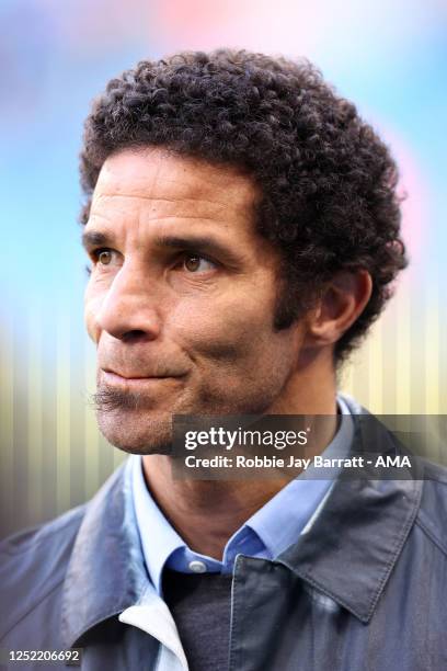 Former goalkeeper David James working for BT Sport Television as a pundit during the Premier League match between Manchester City and Arsenal FC at...