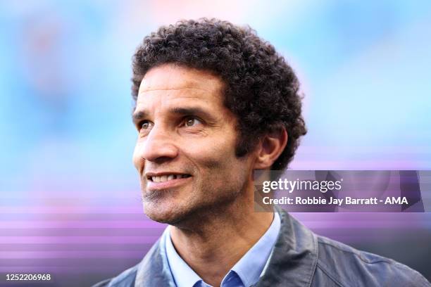 Former goalkeeper David James working for BT Sport Television as a pundit during the Premier League match between Manchester City and Arsenal FC at...