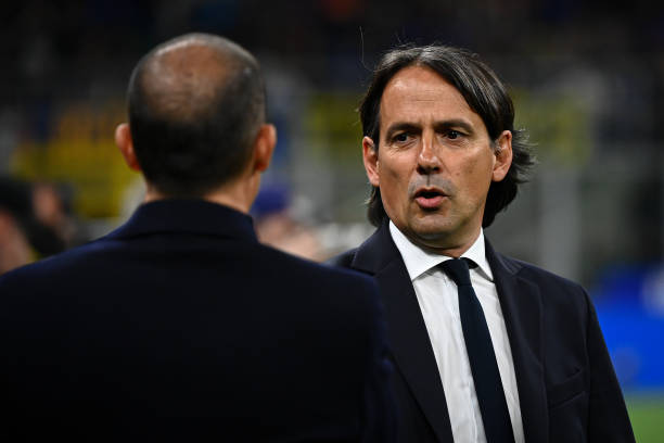 Massimiliano Allegri , head coach of Juventus and Simone Inzaghi , head coach of FC Internazionale are seen during the semifinal second leg Coppa...