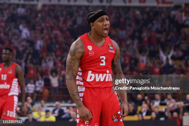 Isaiah Canaan, #3 of Olympiacos Piraeus react during the 2022/2023 Turkish Airlines EuroLeague Play Offs Game 1 match between Olympiacos Piraeus and...