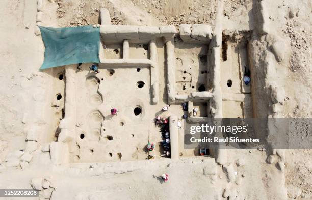 Aerial view at Cajamarquilla archeological site, in the outskirts of the Peruvian capital on April 26, 2023 in Lima, Peru. The mummy is over 1000...