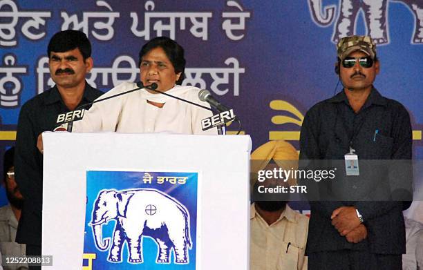 Bahujan Samaj Party President and Uttar Pradesh state Chief Minister Mayawati Kumari addresses her supporters during an election campaign rally in...