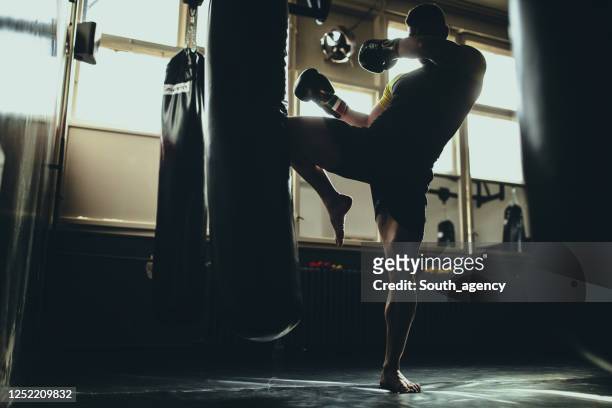 hombre kick boxeador entrenamiento solo en el gimnasio - mixed martial arts fotografías e imágenes de stock