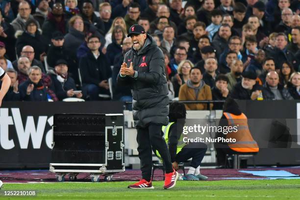 Liverpool manager Jurgen Klopp shouts instructions to his players during the Premier League match between West Ham United and Liverpool at the London...