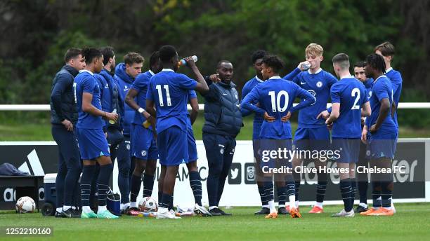 Manager Hassan Sulaiman of Chelsea gives instructions during the Fulham U18 v Chelsea U18, U18 Premier League match at Motspur Park on April 26, 2023...