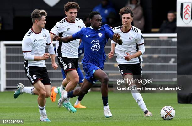 Tyrique George of Chelsea runs with the ball during the Fulham U18 v Chelsea U18, U18 Premier League match at Motspur Park on April 26, 2023 in...