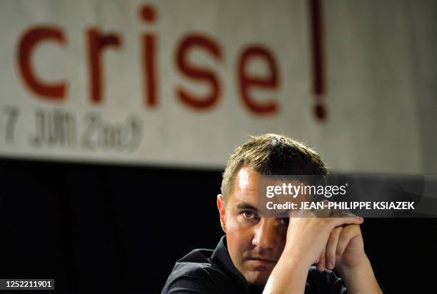 New anti capitalist party leader Olivier Besancenot attends a meeting on May 11, 2009 in Venissieux, central France to give his support to the NPA's...