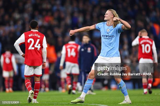 Erling Haaland of Manchester City celebrates the 4-1 victory during the Premier League match between Manchester City and Arsenal FC at Etihad Stadium...