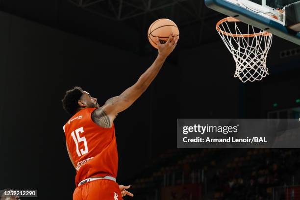 Corey Webster of the Al Ahly drives to the basket during the game against the CFV - Beira on April 26, 2023 at the Dr Hassan Moustafa Sports Hall....