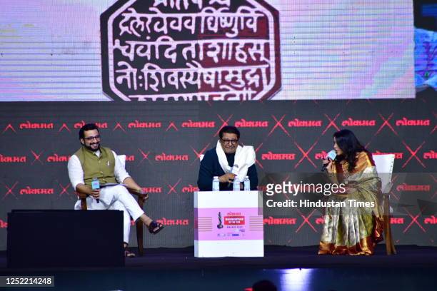 Leader MP Amol Kolhe, MNS chief Raj Thackeray and Amruta Fadnavis interact during the Lokmat Maharashtrian of the Year Awards 2023, at NSCI Dome,...
