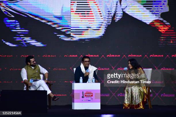 Leader MP Amol Kolhe, MNS chief Raj Thackeray and Amruta Fadnavis interact during the Lokmat Maharashtrian of the Year Awards 2023, at NSCI Dome,...