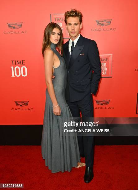 Actor Austin Butler and US actress/model Kaia Gerber arrive for the Time 100 Gala, celebrating the 100 most influential people in the world, at...